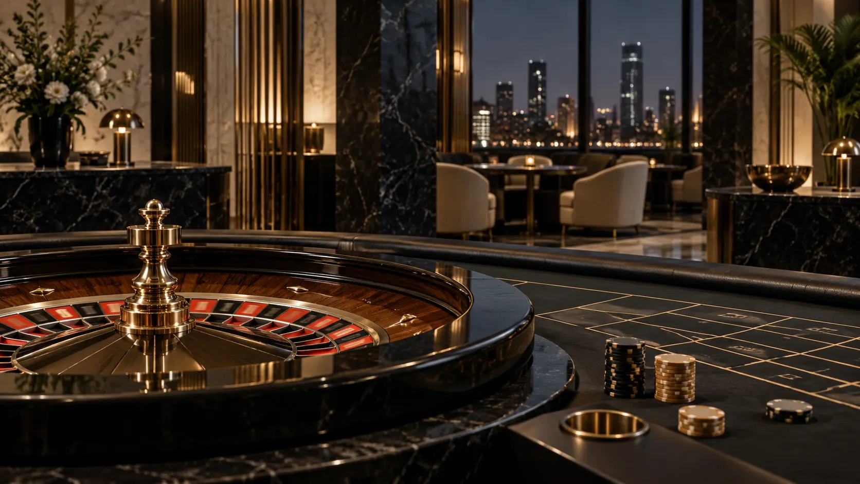 Mesa de ruleta en un interior de casino urbano ilustrado